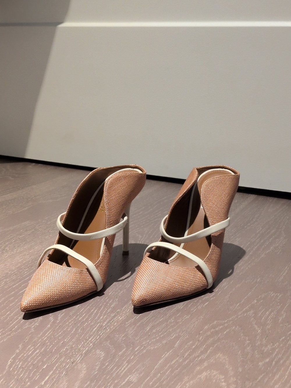 Malone Souliers Blush Pointed-Toe Strappy Pumps with Cream Accents
